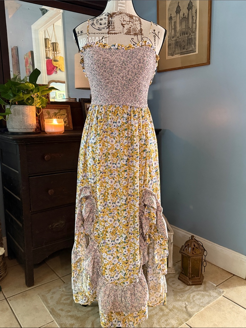 GiGiO Floral Smocked Ruffle Maxi Dress Cottagecore Boho Small - Picture 2 of 16
